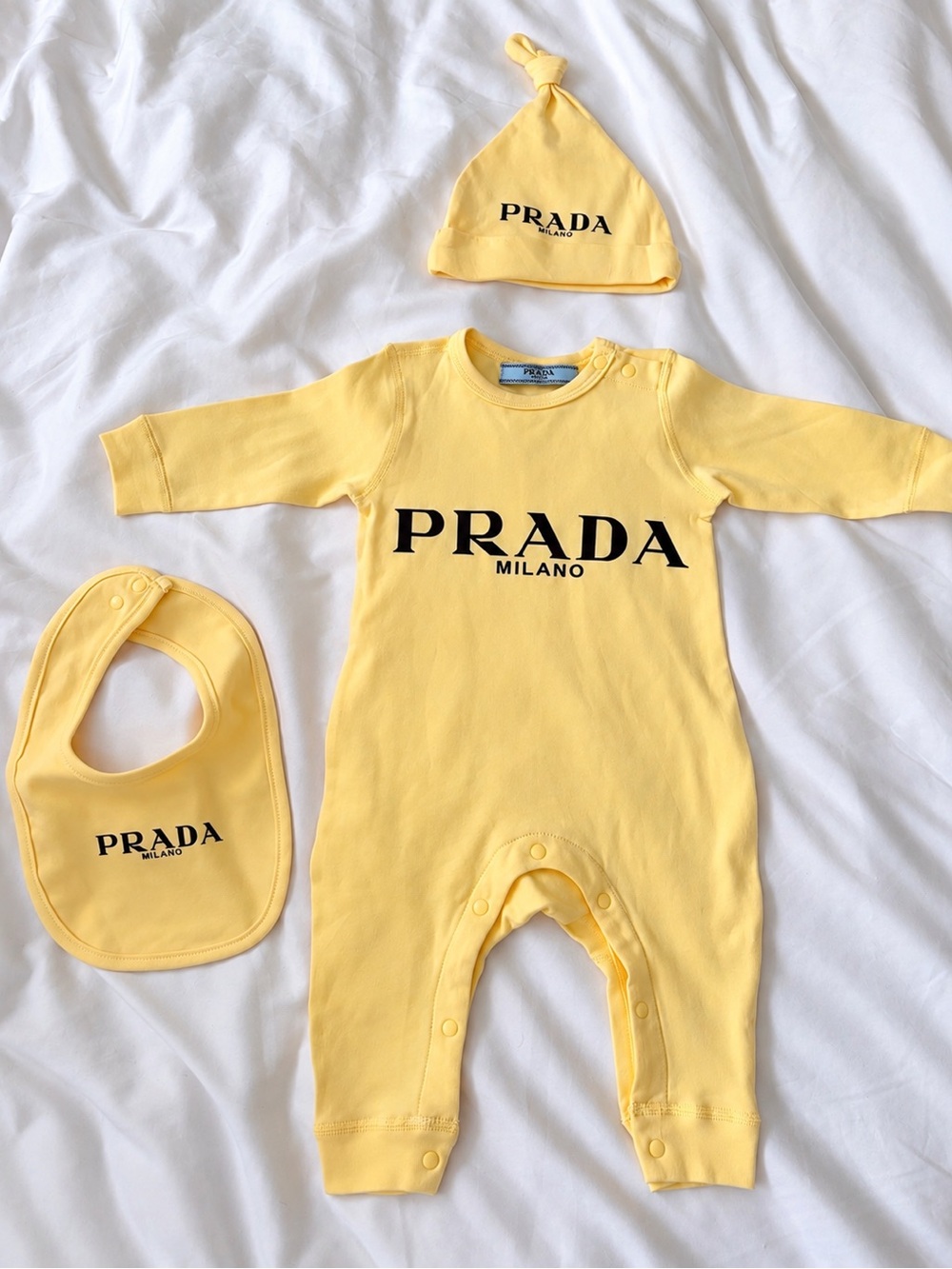 Prada Yellow Logo Baby One-Piece with Hat & Bib Set
